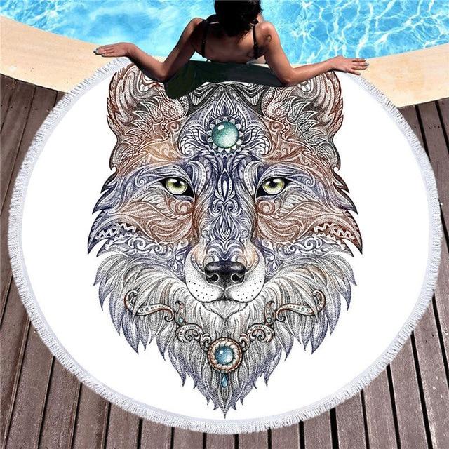 Tattoo Head Wolf Round Native American Beach Towel LT10 - Wonder Print Shop