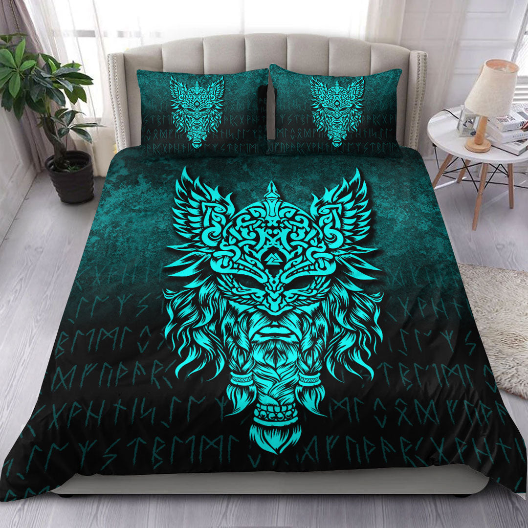 Viking Bedding Set Odin The Allfather Asgard God and Chief Of Aesir Cyan Version Bedding Set RLT12 - Wonder Print Shop