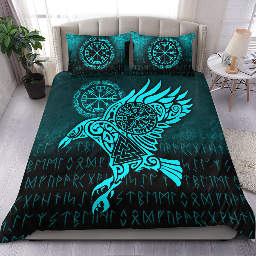 Viking Bedding Set Raven Vegvisir Tattoo Cyan Version Bedding Set RLT12 - Wonder Print Shop
