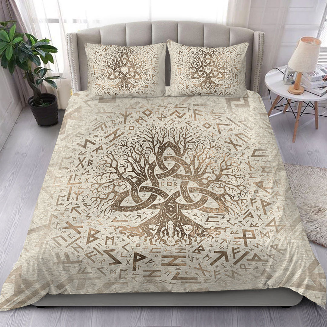 Viking Bedding Set Tree Of Life with Triquetra and Futhark Pastel Gold Bedding Set RLT12 - Wonder Print Shop