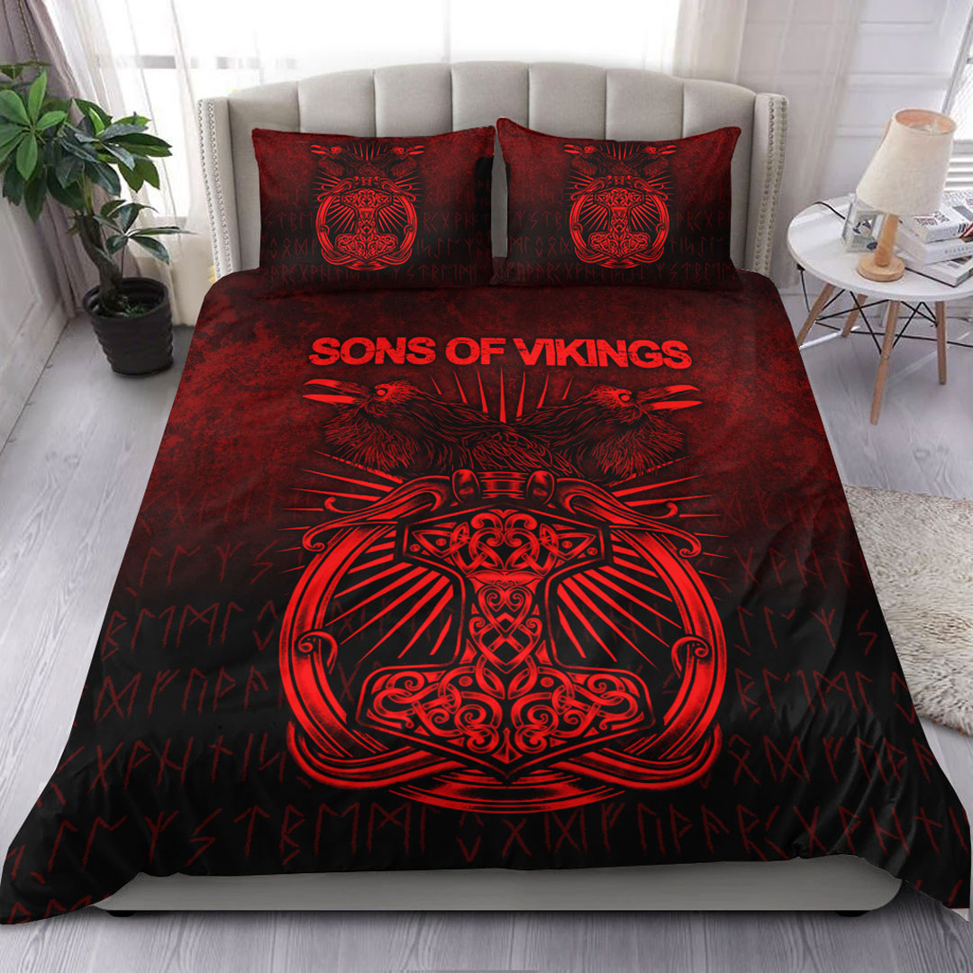 Viking Bedding Set Vikings Ravens Mjolnir Red Version Bedding Set RLT12 - Wonder Print Shop