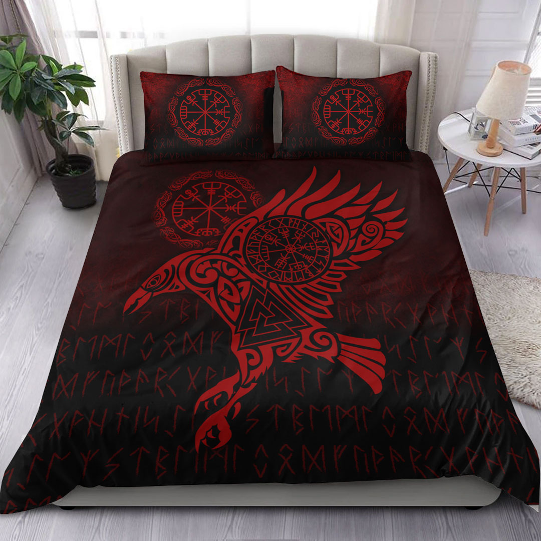 Viking Bedding Set Raven Vegvisir Tattoo Red Version Bedding Set RLT12 - Wonder Print Shop