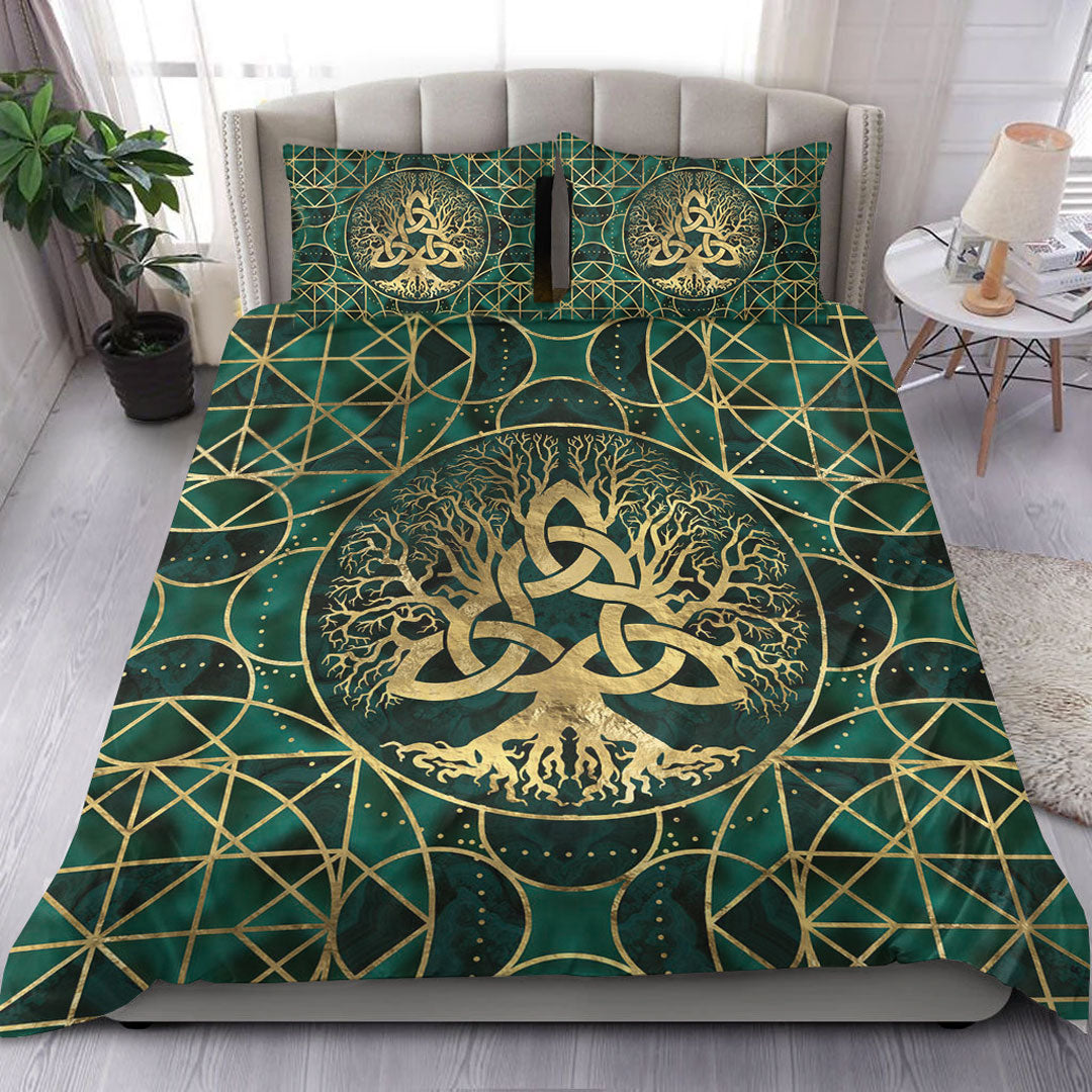 Viking Bedding Set Tree Of Life with Triquetra Malachite and Gold Bedding Set RLT12 - Wonder Print Shop