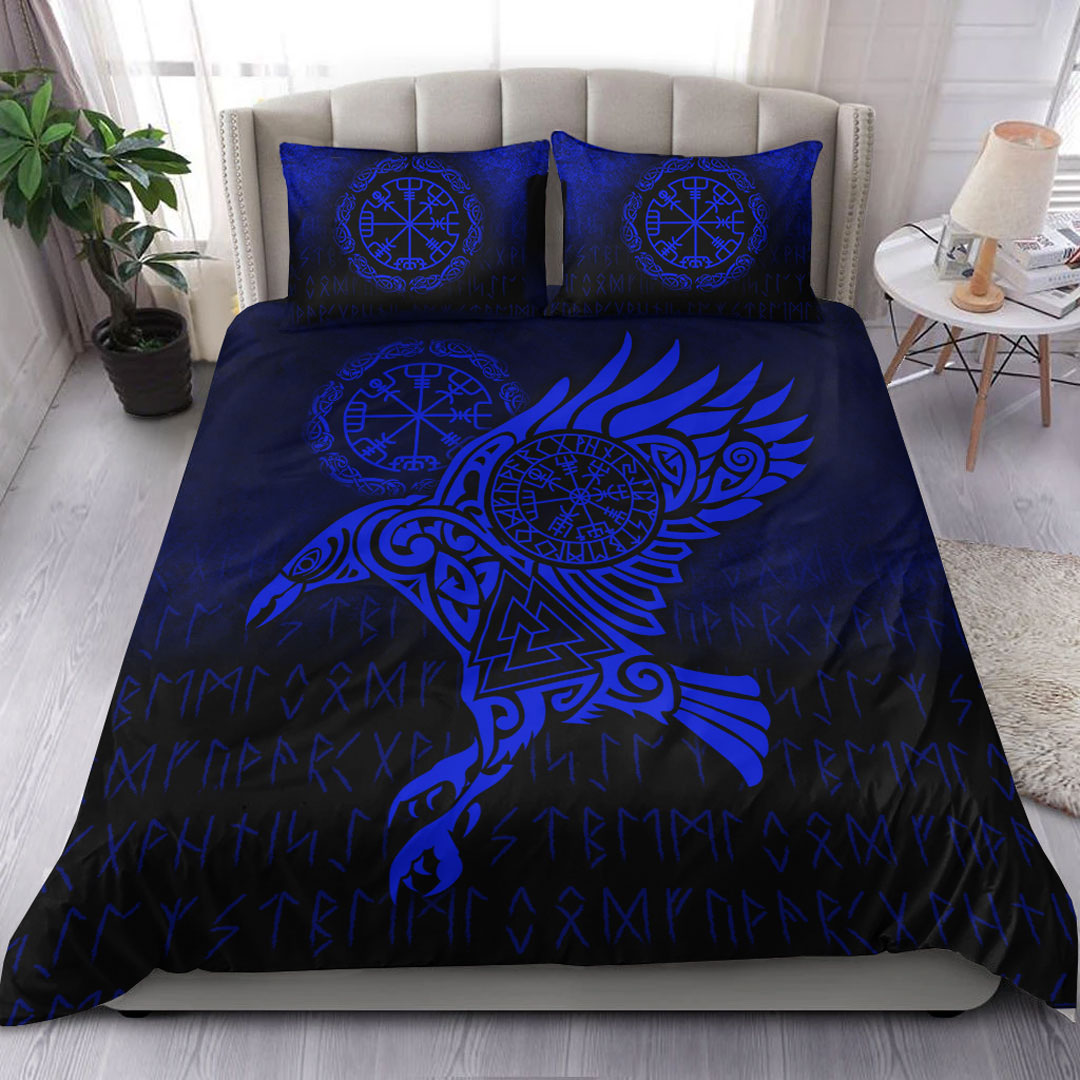 Viking Bedding Set Raven Vegvisir Tattoo Blue Version Bedding Set RLT12 - Wonder Print Shop