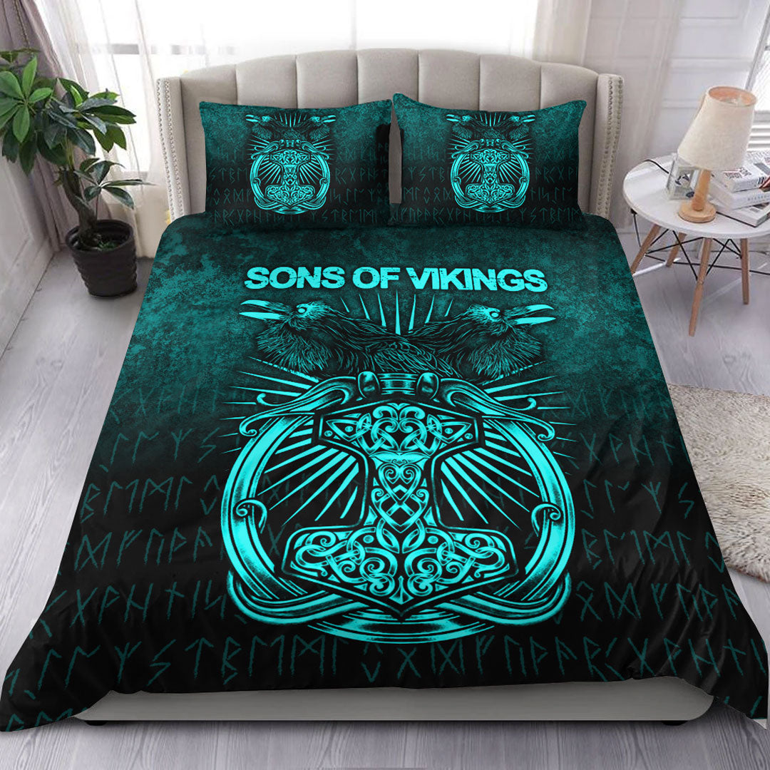 Viking Bedding Set Vikings Ravens Mjolnir Cyan Version Bedding Set RLT12 - Wonder Print Shop