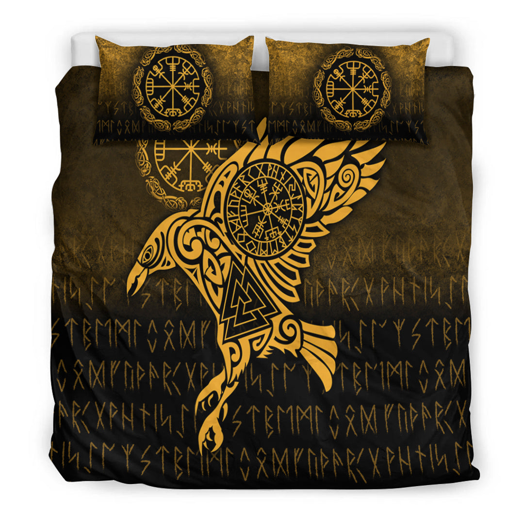 Viking Bedding Set Raven Vegvisir Tattoo Gold Version Bedding Set RLT12 - Wonder Print Shop