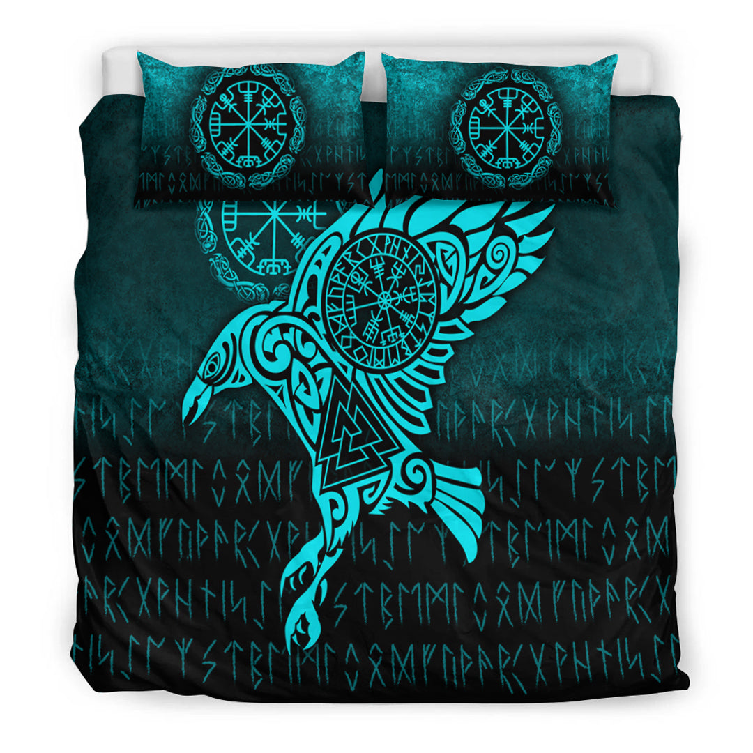 Viking Bedding Set Raven Vegvisir Tattoo Cyan Version Bedding Set RLT12 - Wonder Print Shop
