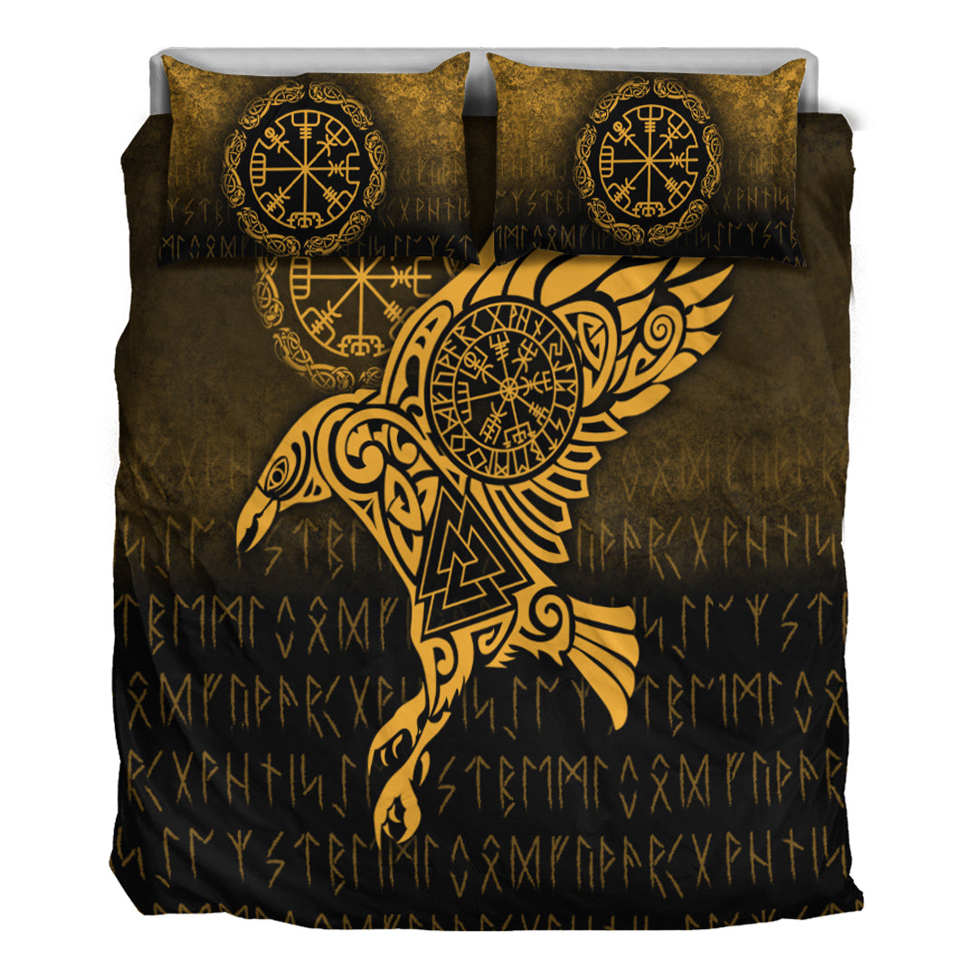 Viking Bedding Set Raven Vegvisir Tattoo Gold Version Bedding Set RLT12 - Wonder Print Shop