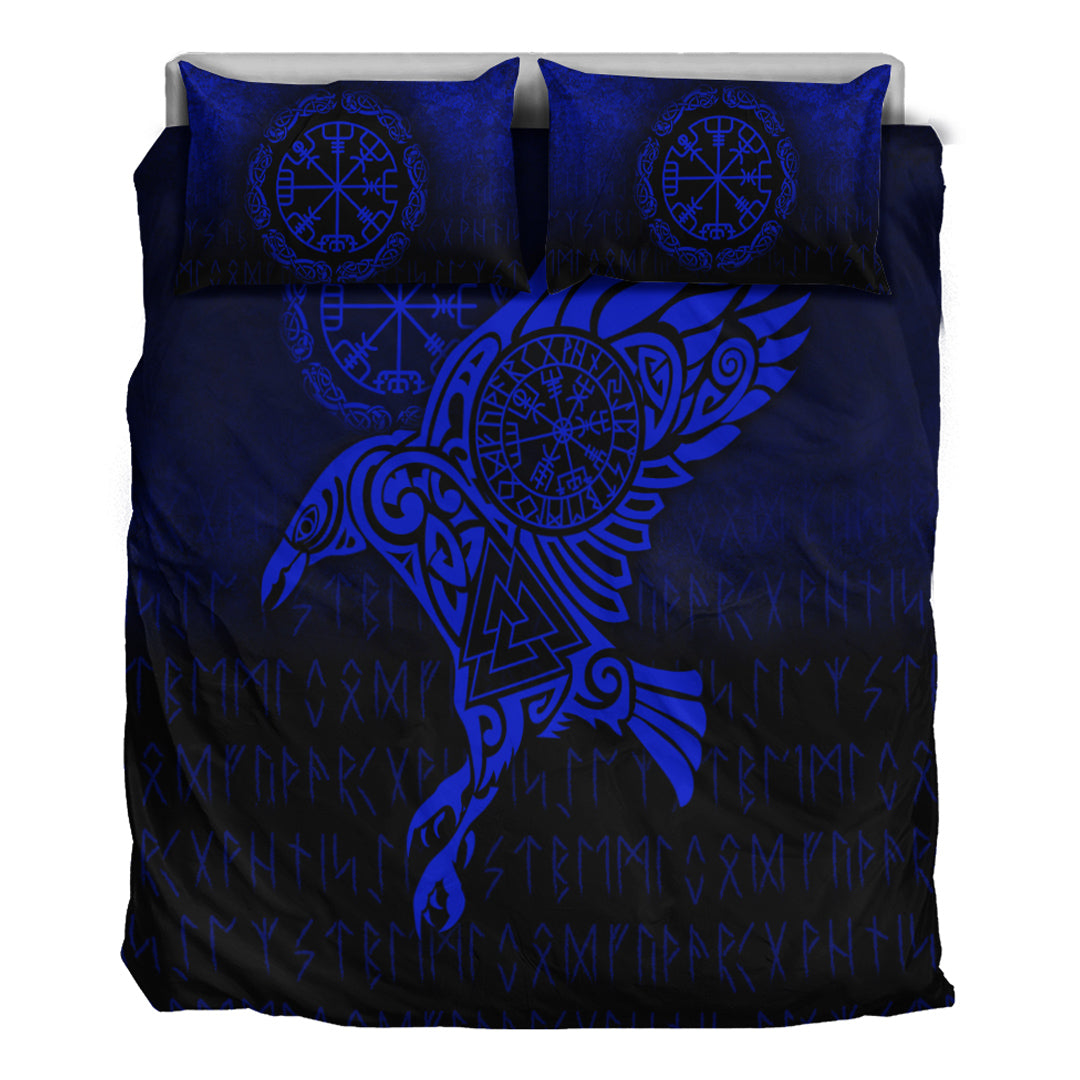 Viking Bedding Set Raven Vegvisir Tattoo Blue Version Bedding Set RLT12 - Wonder Print Shop