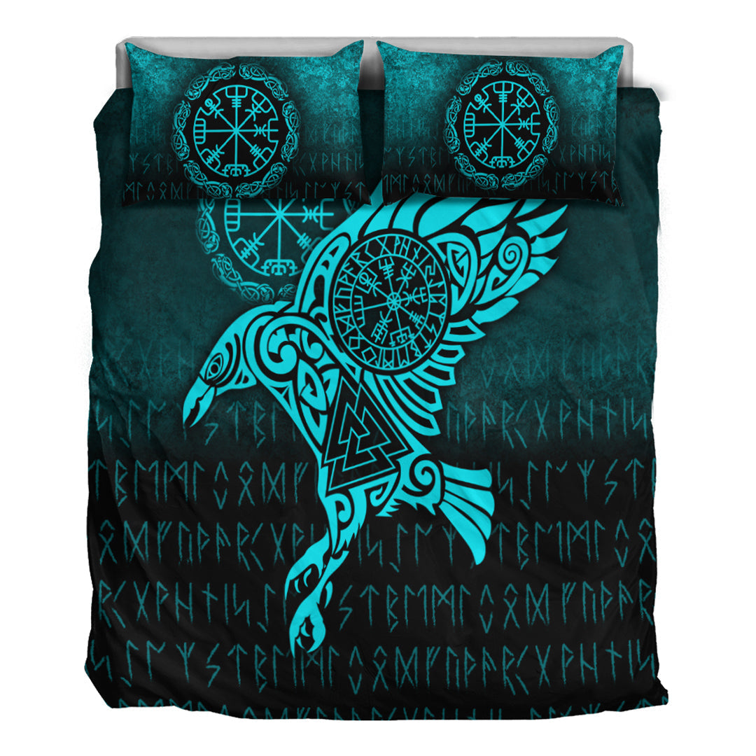 Viking Bedding Set Raven Vegvisir Tattoo Cyan Version Bedding Set RLT12 - Wonder Print Shop