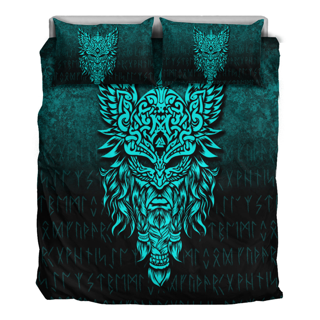 Viking Bedding Set Odin The Allfather Asgard God and Chief Of Aesir Cyan Version Bedding Set RLT12 - Wonder Print Shop