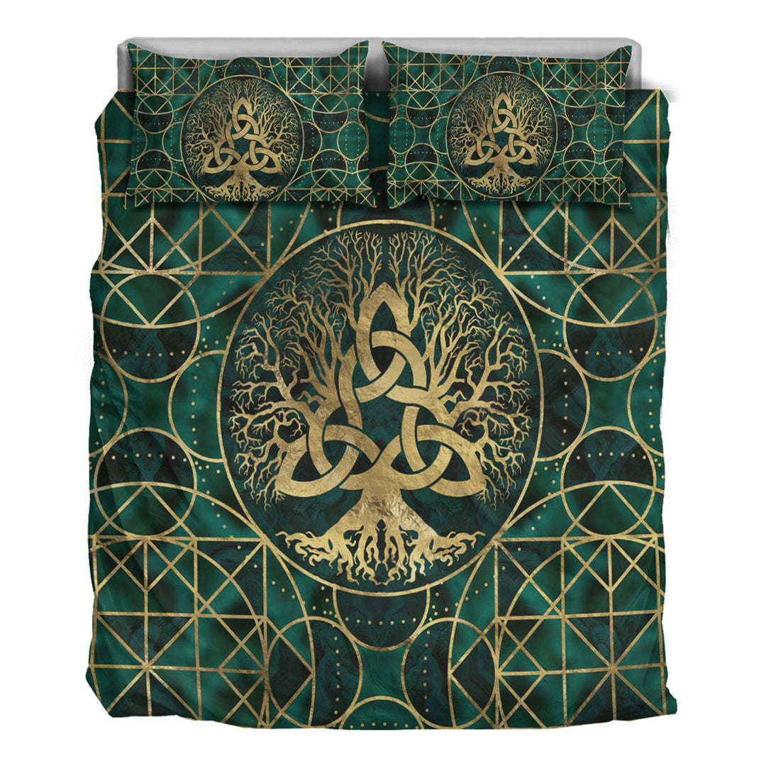 Viking Bedding Set Tree Of Life with Triquetra Malachite and Gold Bedding Set RLT12 - Wonder Print Shop