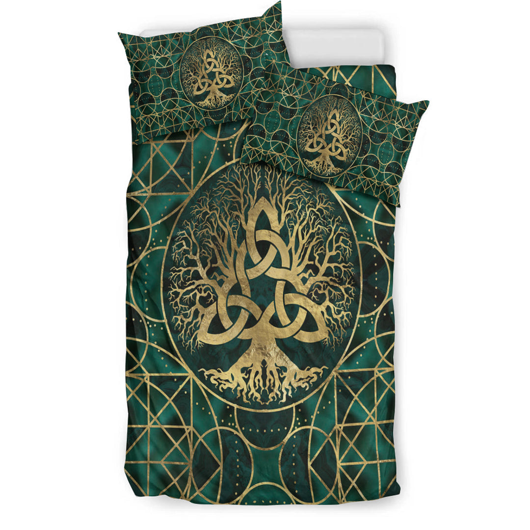 Viking Bedding Set Tree Of Life with Triquetra Malachite and Gold Bedding Set RLT12 - Wonder Print Shop