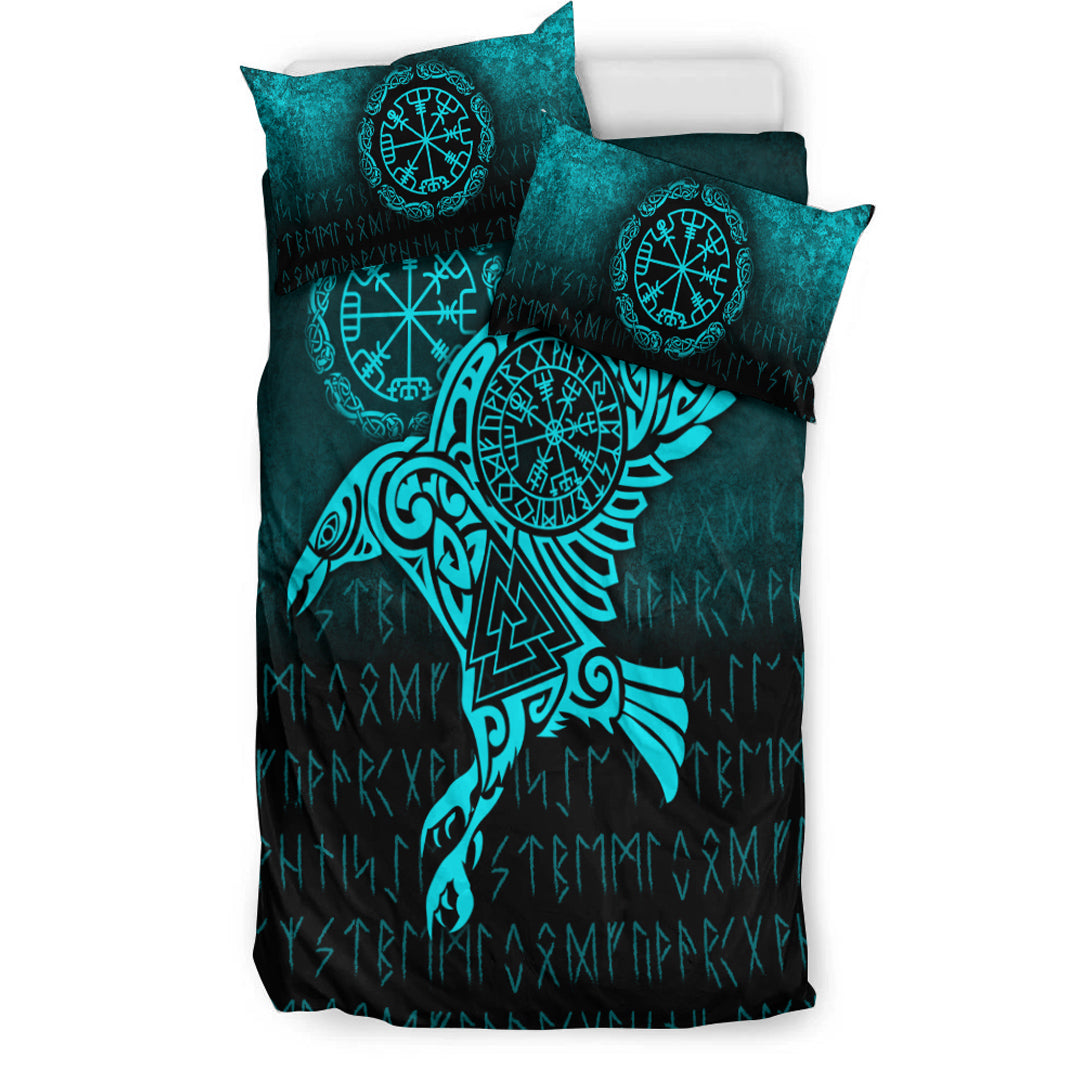 Viking Bedding Set Raven Vegvisir Tattoo Cyan Version Bedding Set RLT12 - Wonder Print Shop