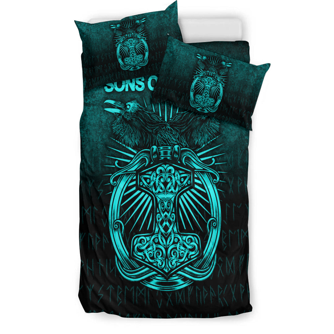 Viking Bedding Set Vikings Ravens Mjolnir Cyan Version Bedding Set RLT12 - Wonder Print Shop