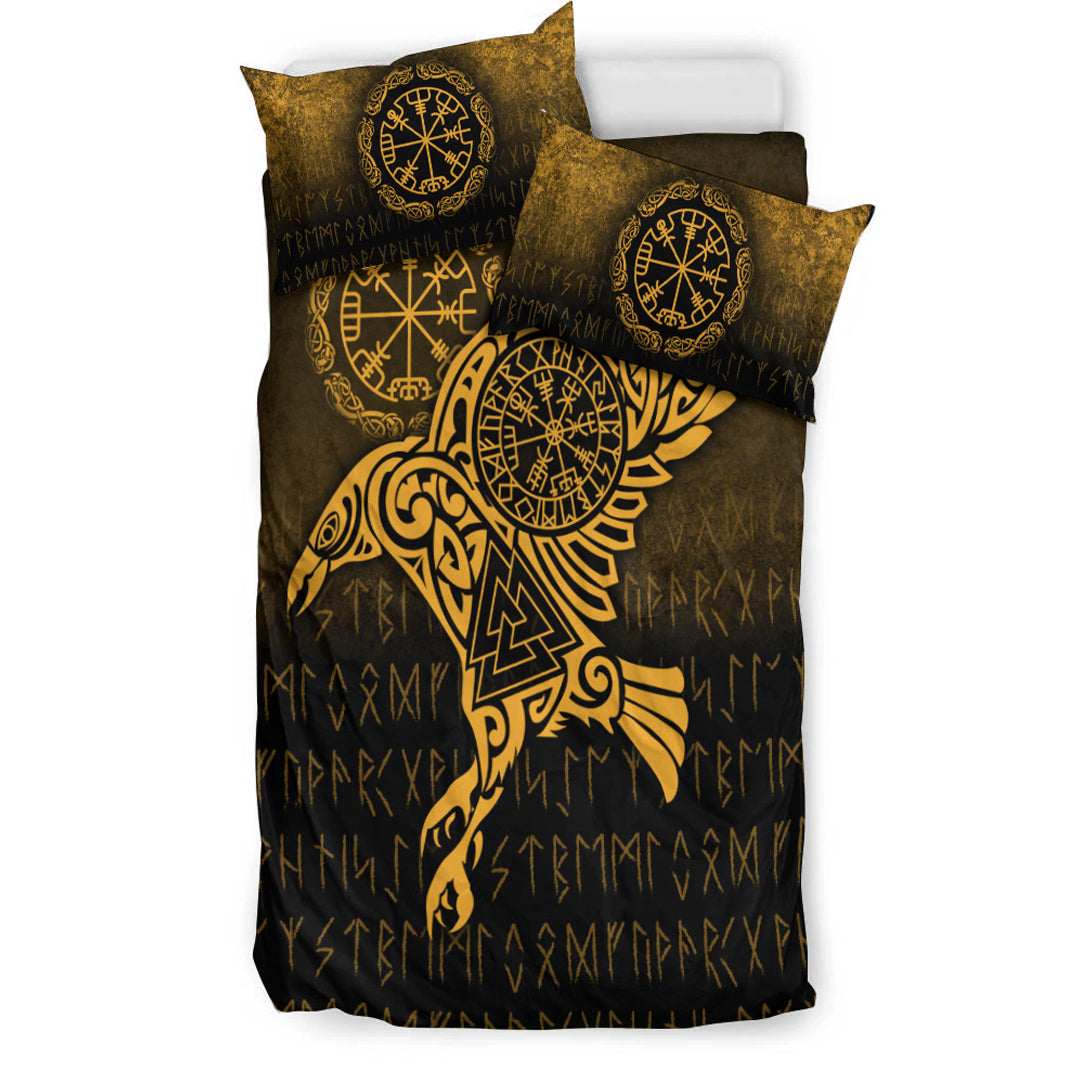Viking Bedding Set Raven Vegvisir Tattoo Gold Version Bedding Set RLT12 - Wonder Print Shop