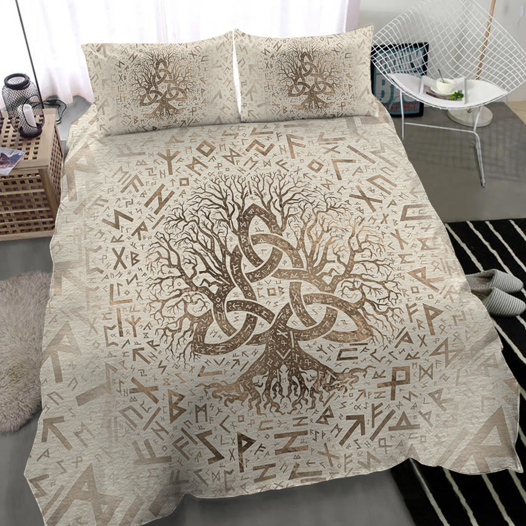 Viking Bedding Set Tree Of Life with Triquetra and Futhark Pastel Gold Bedding Set RLT12 - Wonder Print Shop