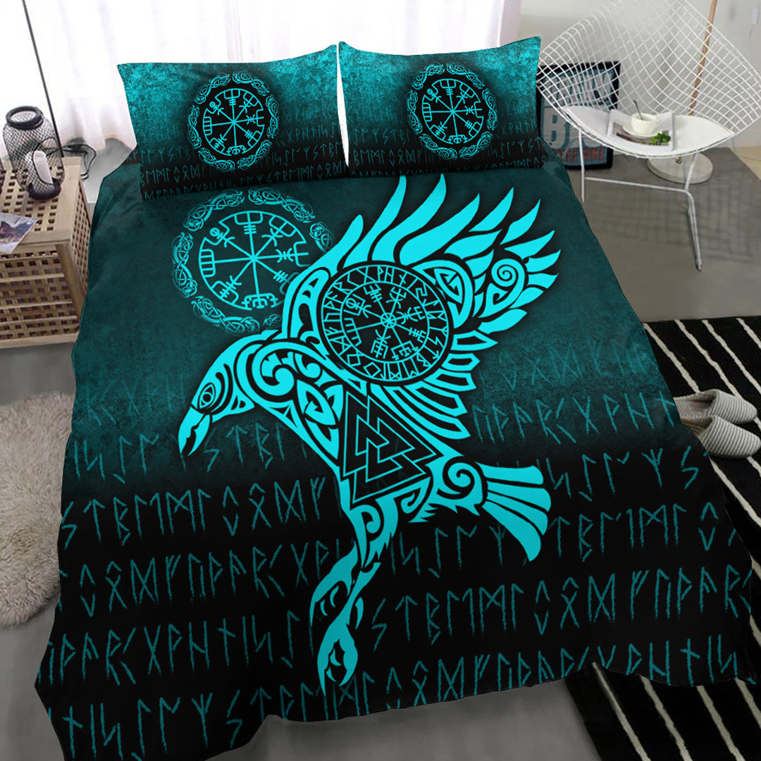 Viking Bedding Set Raven Vegvisir Tattoo Cyan Version Bedding Set RLT12 - Wonder Print Shop