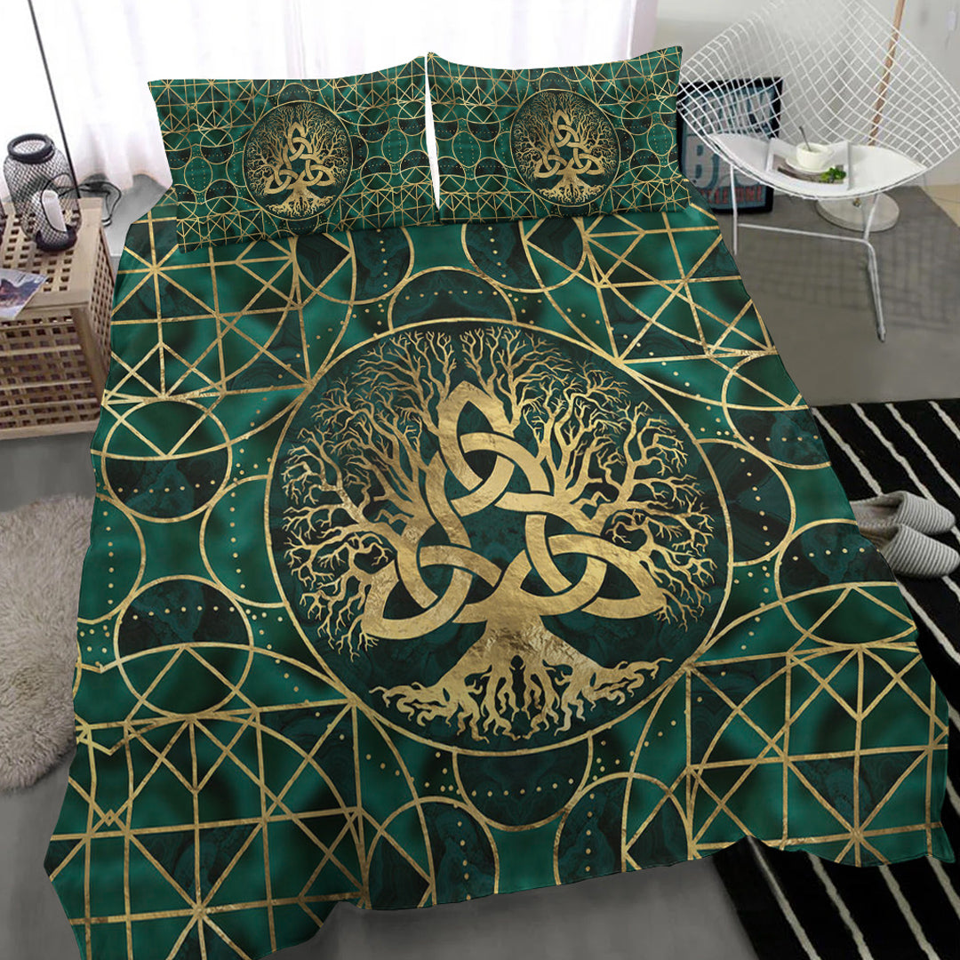 Viking Bedding Set Tree Of Life with Triquetra Malachite and Gold Bedding Set RLT12 - Wonder Print Shop