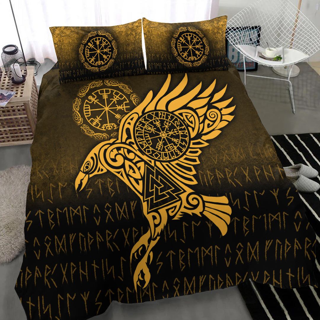 Viking Bedding Set Raven Vegvisir Tattoo Gold Version Bedding Set RLT12 - Wonder Print Shop