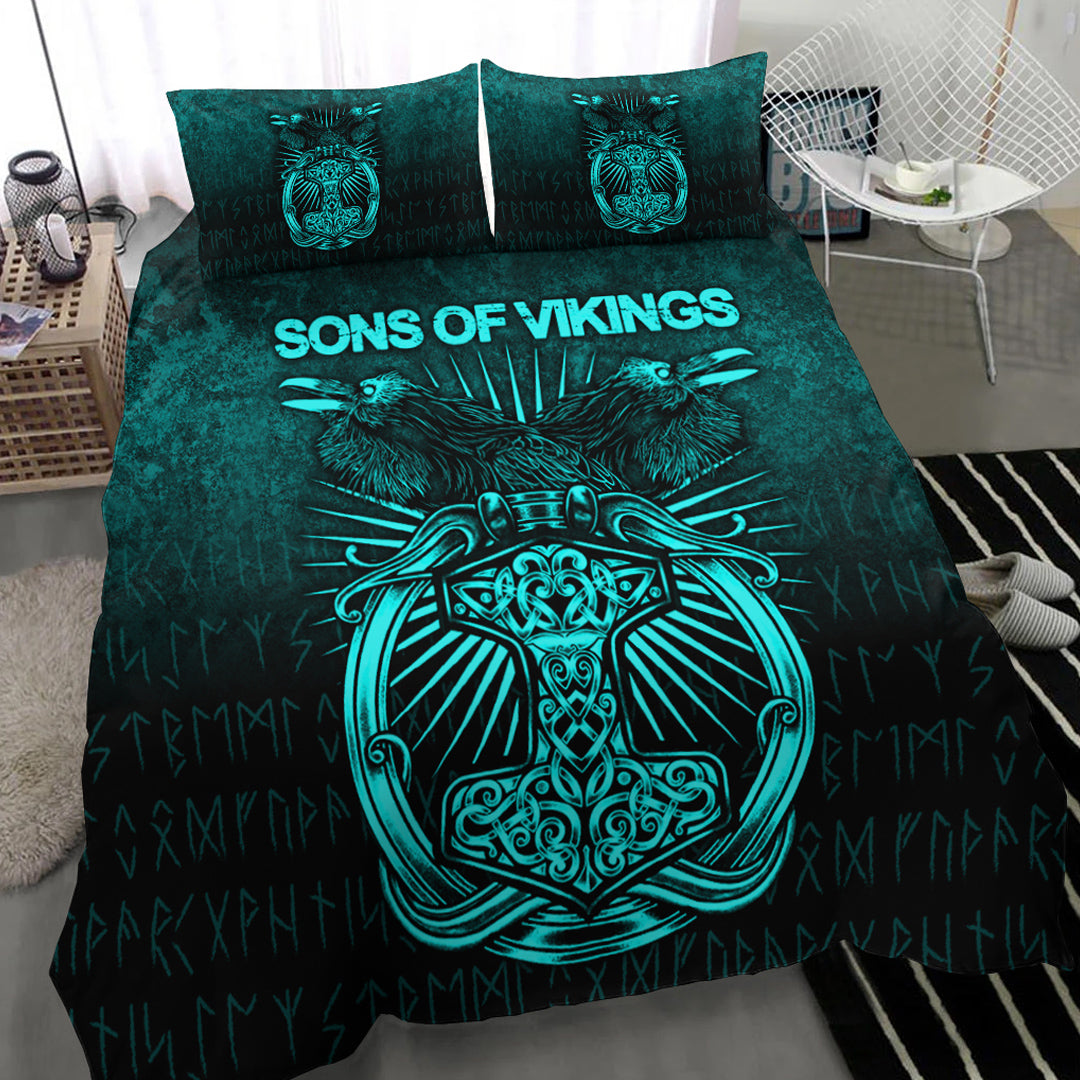 Viking Bedding Set Vikings Ravens Mjolnir Cyan Version Bedding Set RLT12 - Wonder Print Shop