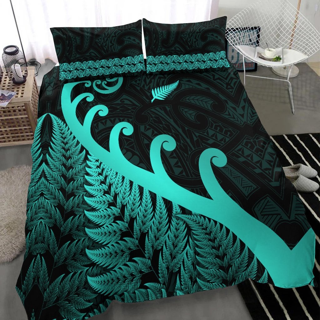 New Zealand Rugby Maori Bedding Set Silver Fern Koru Vibes Turquoise LT8 - Wonder Print Shop