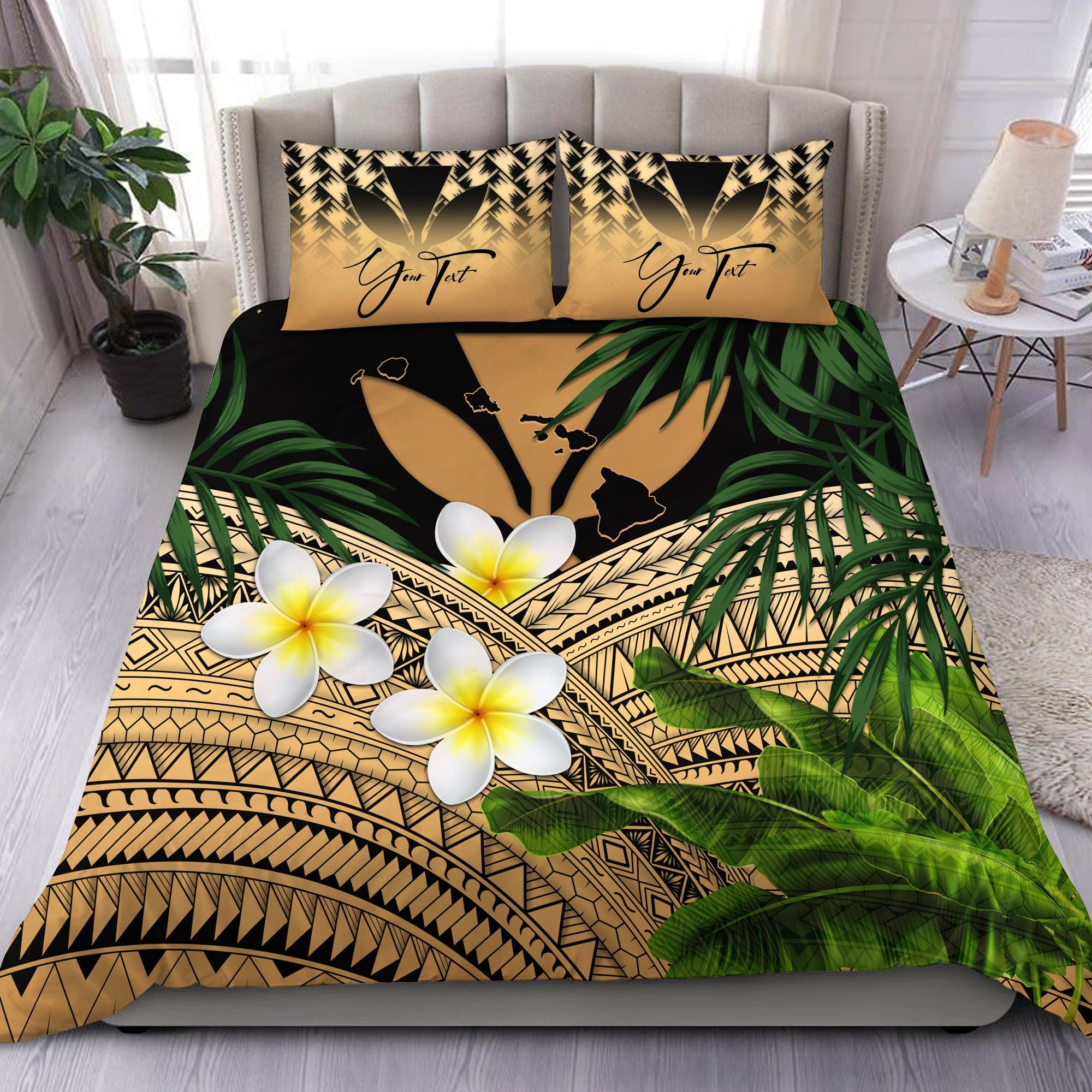 custom-kanaka-maoli-hawaiian-bedding-set-polynesian-plumeria-banana-leaves-gold-personal-signature