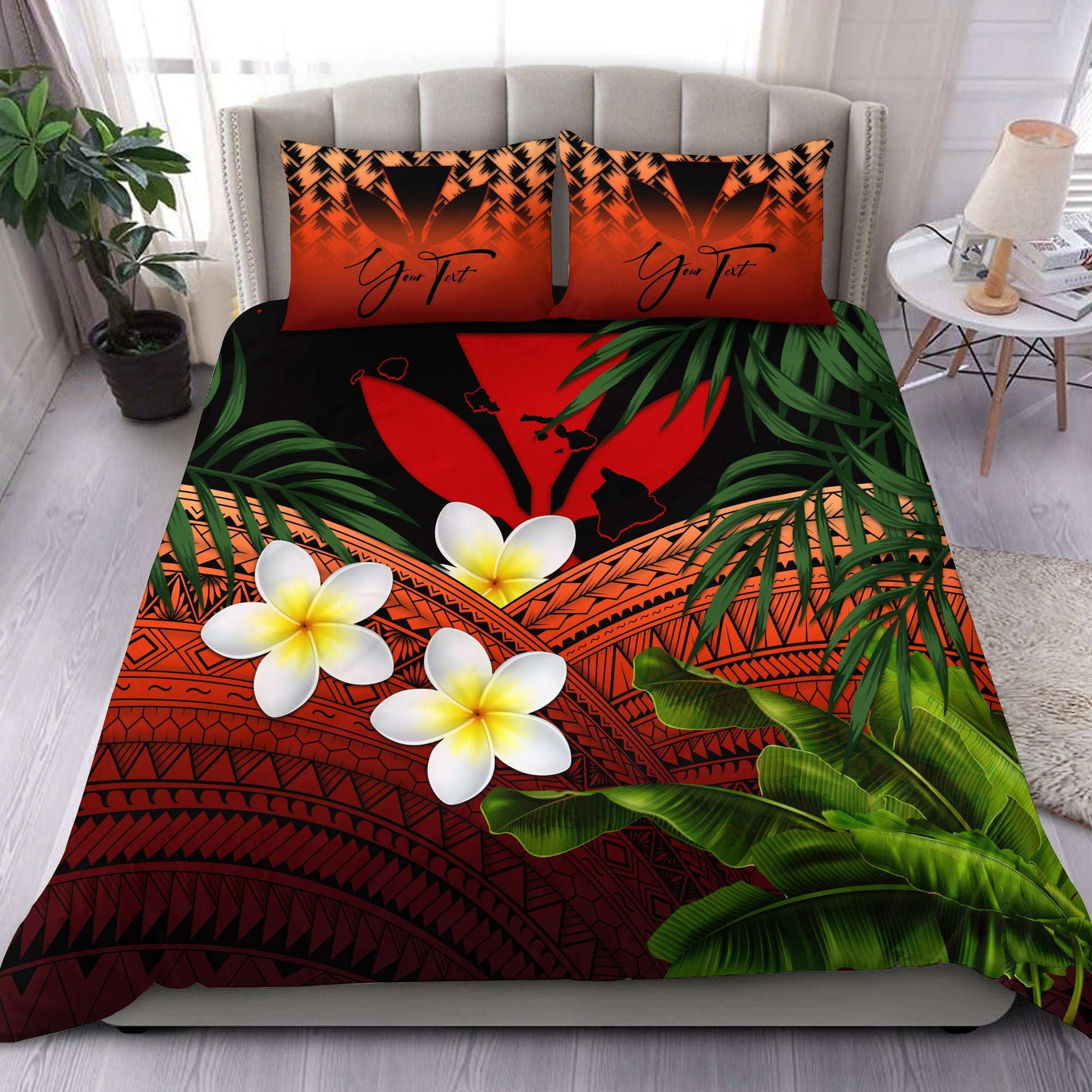 custom-kanaka-maoli-hawaiian-bedding-set-polynesian-plumeria-banana-leaves-red-personal-signature