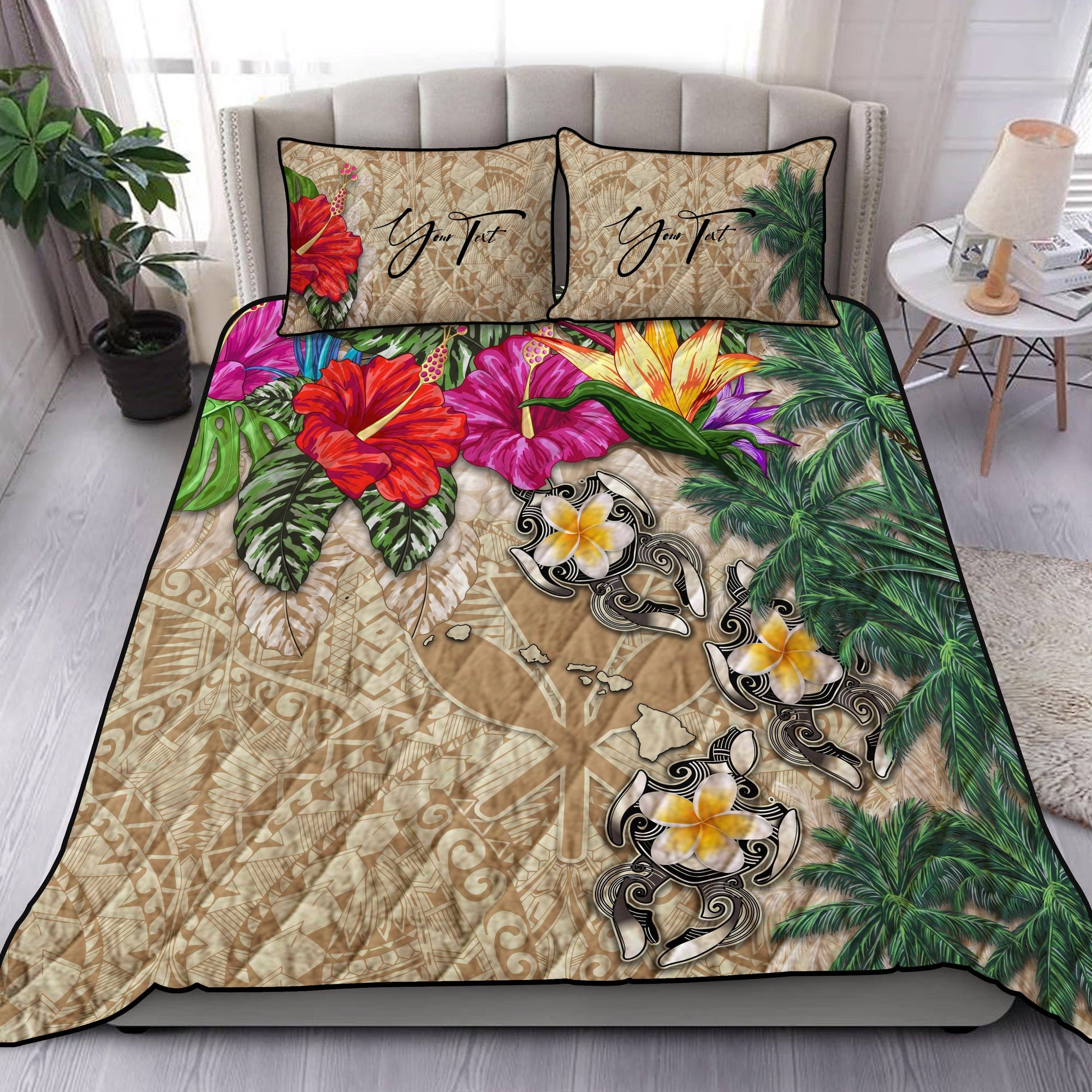 custom-kanaka-maoli-hawaiian-quilt-bed-set-hibiscus-turtle-tattoo-beige-personal-signature