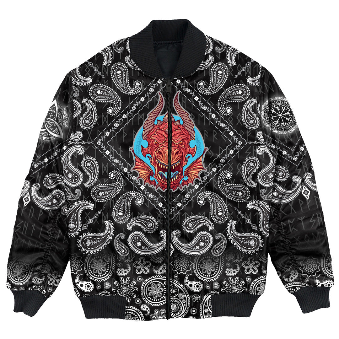 Viking Bomber Jacket Big Angry Red Dragon with Bandana Paisley Style RLT12 - Wonder Print Shop