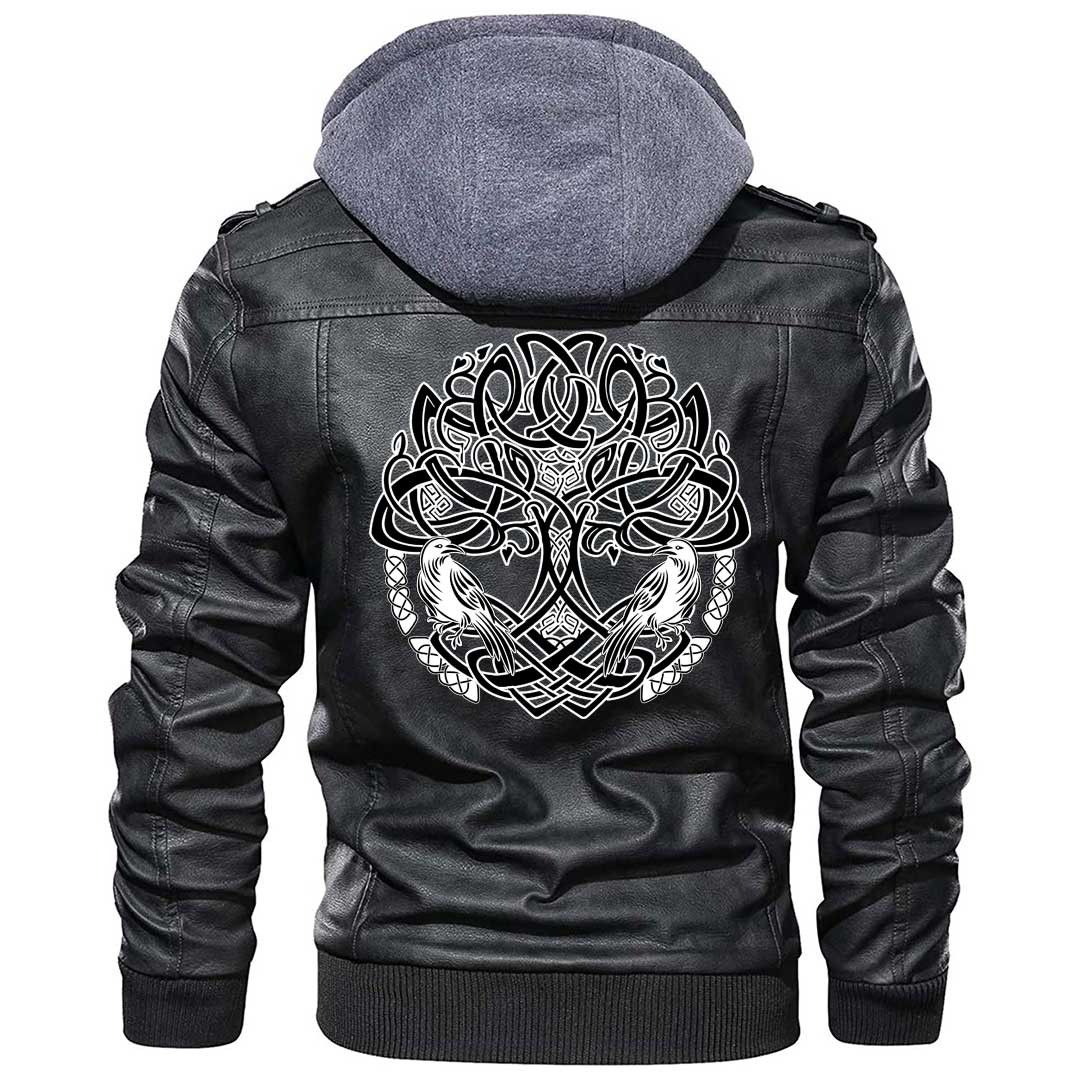 Viking Clothing Viking Birds Raven Huginn and Muninn Celtic Tree Zipper Leather Jacket RLT12 - Wonder Print Shop