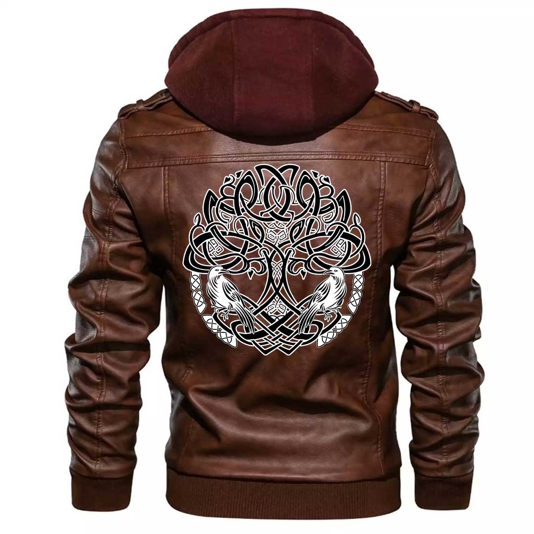 Viking Clothing Viking Birds Raven Huginn and Muninn Celtic Tree Zipper Leather Jacket RLT12 - Wonder Print Shop
