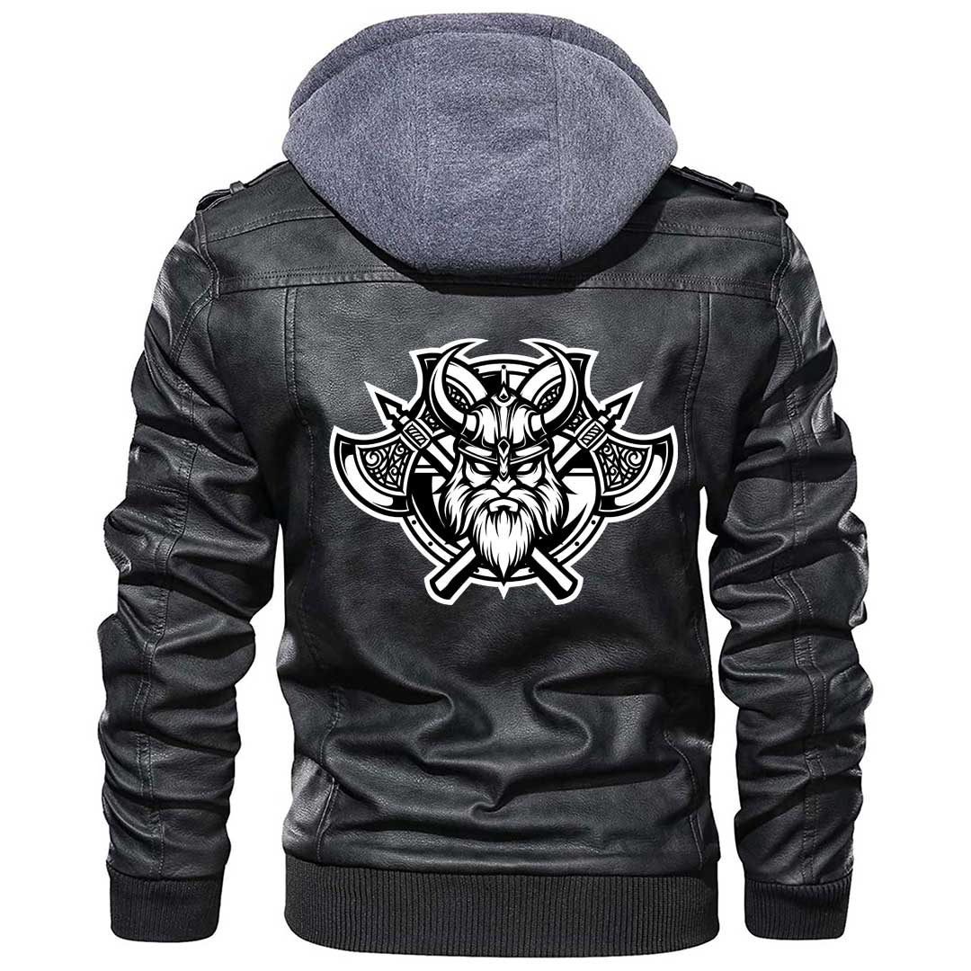 Viking Clothing Viking Black and White Head With Shield and Axe Zipper Leather Jacket RLT12 - Wonder Print Shop