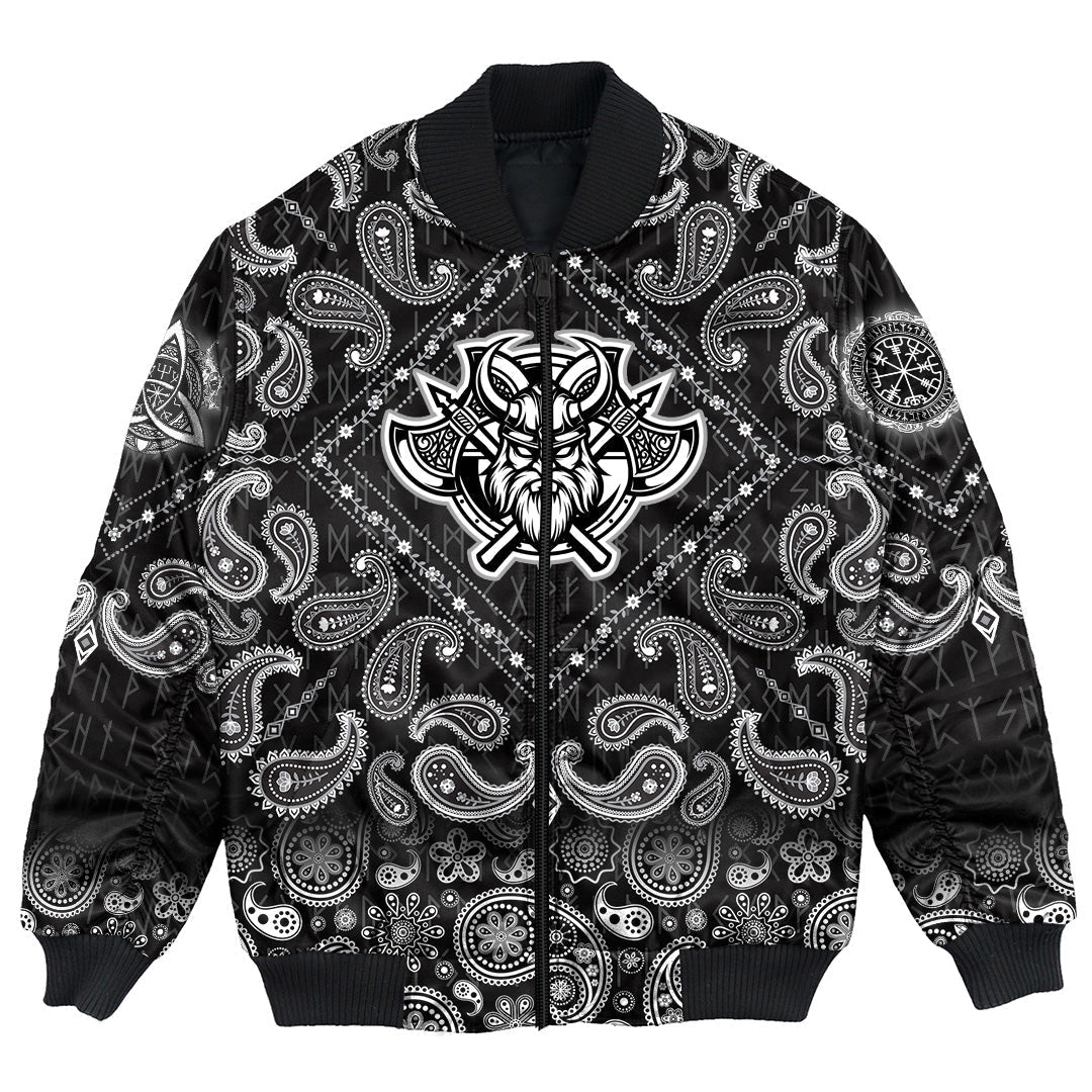 Viking Bomber Jacket Black and White Head With Shield and Axe with Bandana Paisley Style RLT12 - Wonder Print Shop