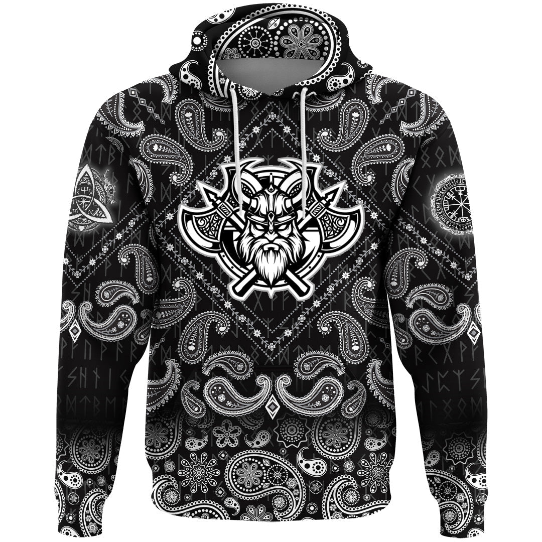 Viking Hoodie Black and White Head With Shield and Axe with Bandana Paisley Style RLT12 - Wonder Print Shop