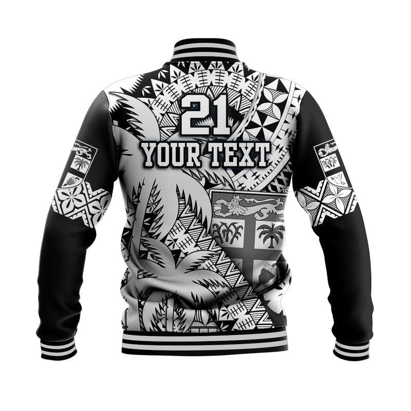 Custom Personalised Fiji Coat Of Arms Baseball Jacket Masi Tapa Mixed Palm Tree No1 Black Version LT9 - Wonder Print Shop