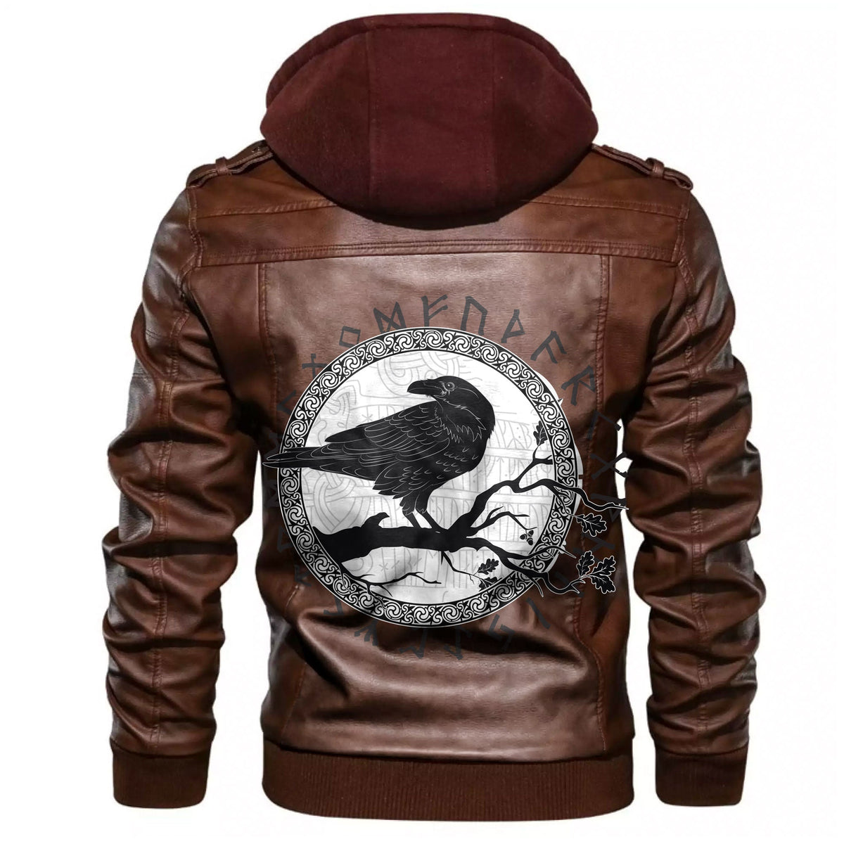 Viking Black Crow Sitting On A Branch Of An Oak Tree Leather Jacket RLT12 - Wonder Print Shop