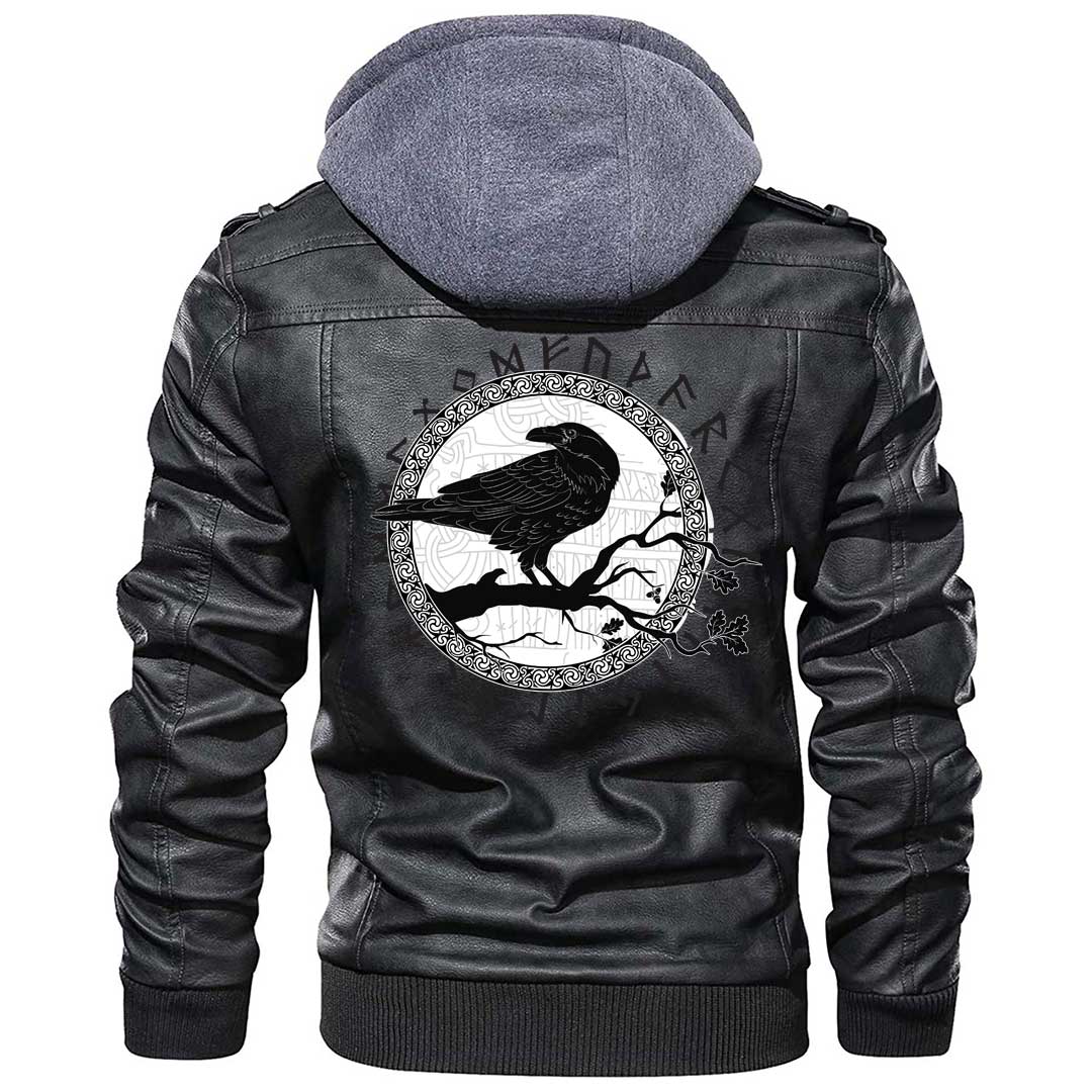 Viking Clothing Viking Black Crow Sitting On A Branch Of An Oak Tree Zipper Leather Jacket RLT12 - Wonder Print Shop