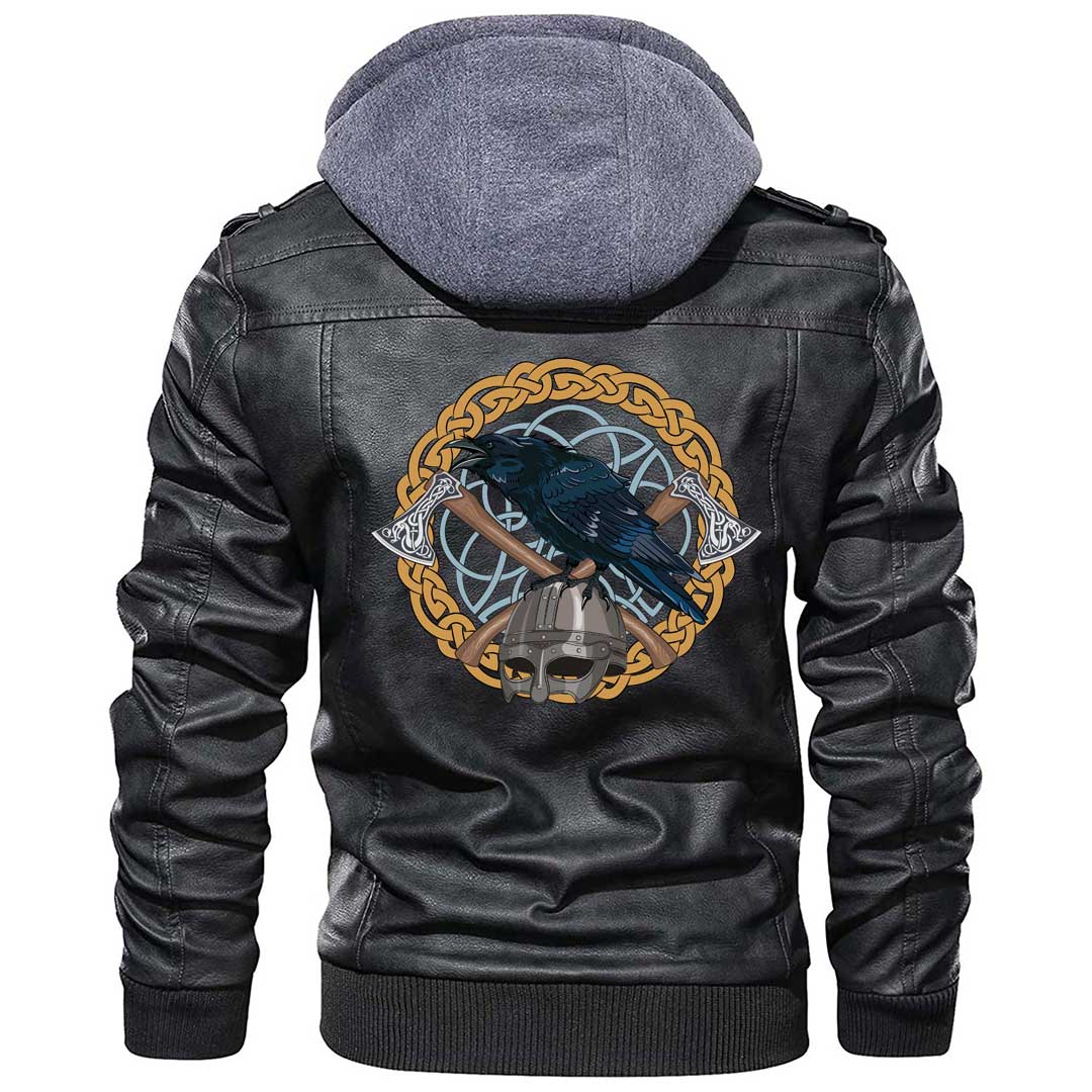 Viking Clothing Viking Black Crow Sitting On A Helmet With Two Crossed Axes Zipper Leather Jacket RLT12 - Wonder Print Shop