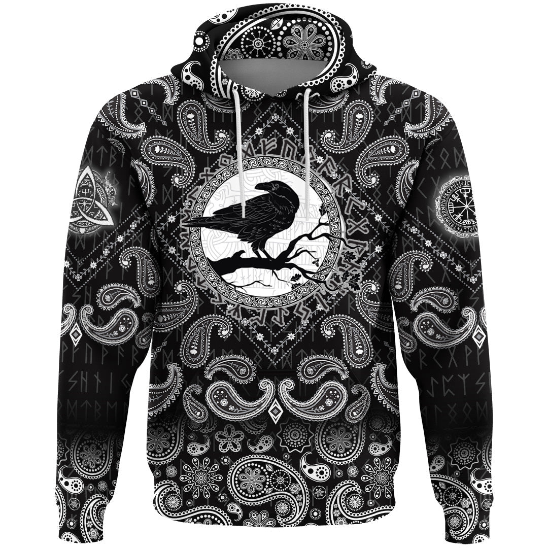 Viking Hoodie Black Crow Sitting On Branch Of An Oak Tree with Bandana Paisley Style RLT12 - Wonder Print Shop