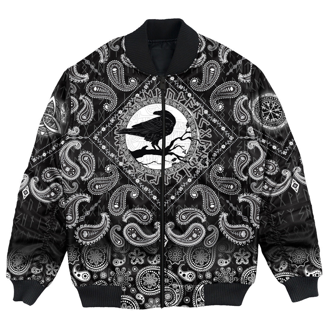 Viking Bomber Jacket Black Crow Sitting On Branch Of An Oak Tree with Bandana Paisley Style RLT12 - Wonder Print Shop
