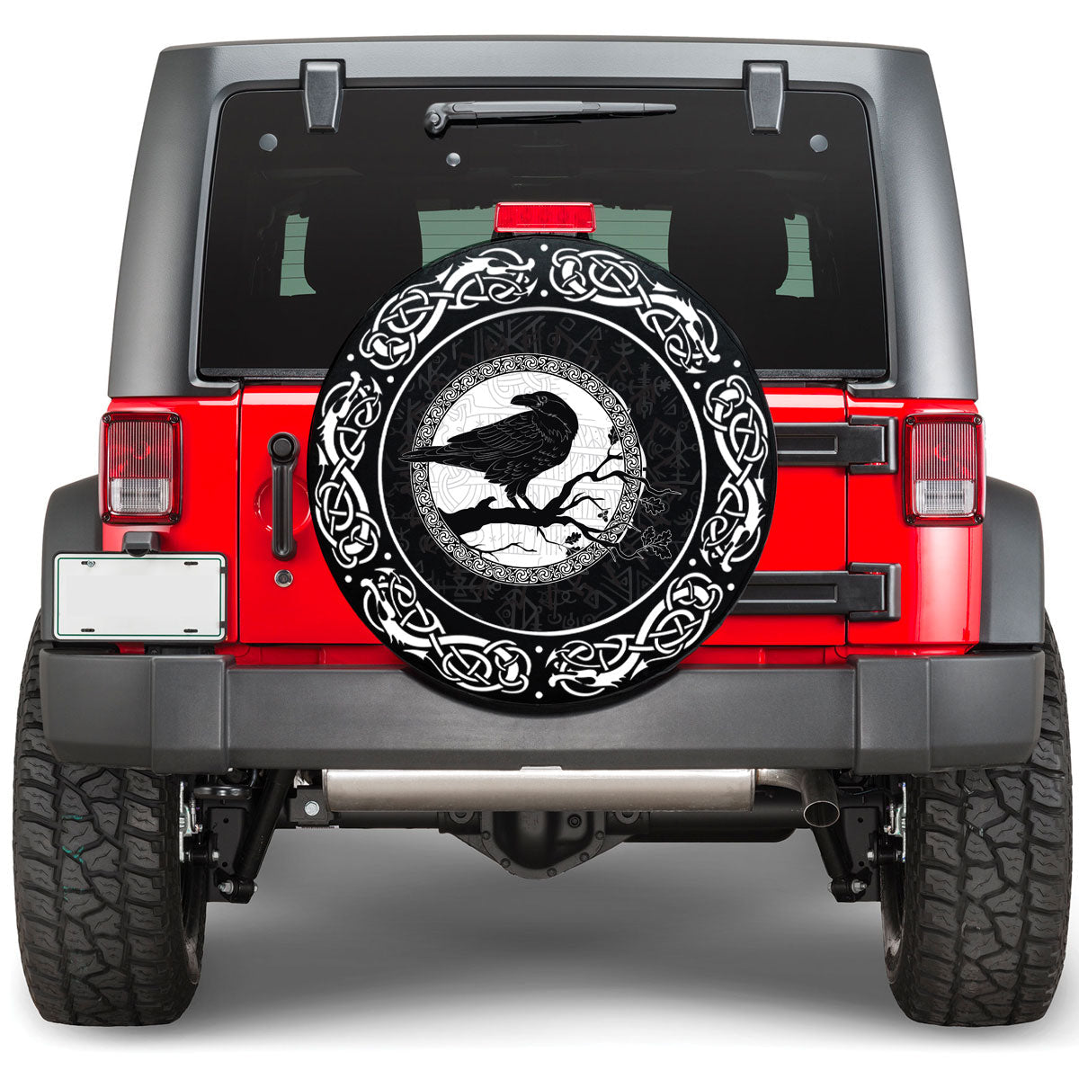 Viking Black Crow Sitting On Branch Of An Oak Tree Viking Spare Tire Cover RLT12 - Wonder Print Shop
