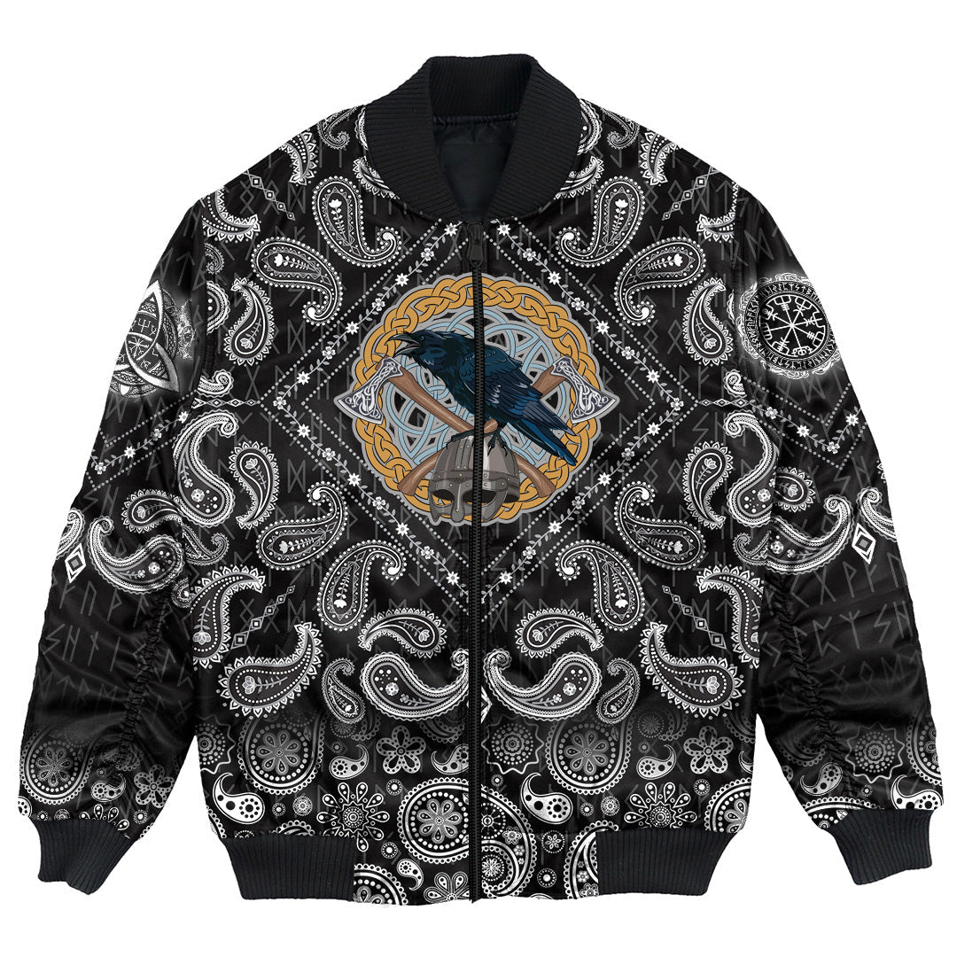 Viking Bomber Jacket Black Crow Sitting On Helmet With Two Crossed Axes with Bandana Paisley Style RLT12 - Wonder Print Shop