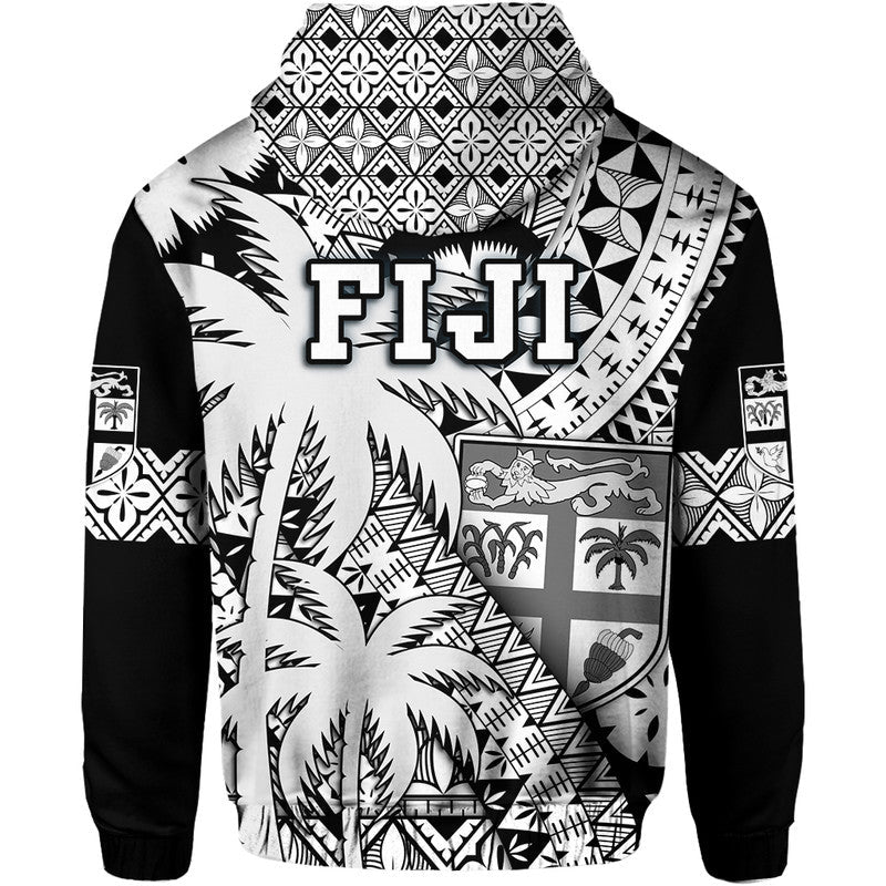 Fiji Hoodie Coat Of Arms Masi Tapa Mixed Palm Tree No1 Black Version - Wonder Print Shop