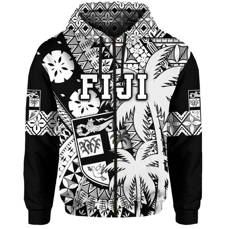 Fiji Hoodie Coat Of Arms Masi Tapa Mixed Palm Tree No1 Black Version - Wonder Print Shop