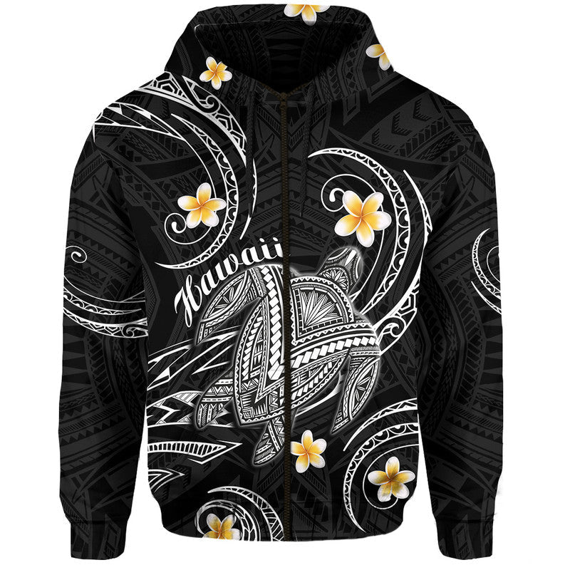 Hawaii Hoodie Hawaiian Turtle Plumeria Mixed Polynesian Black Style - Wonder Print Shop