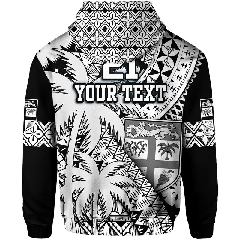 Custom Personalised Fiji Hoodie Coat Of Arms Masi Tapa Mixed Palm Tree No1 Black Version - Wonder Print Shop