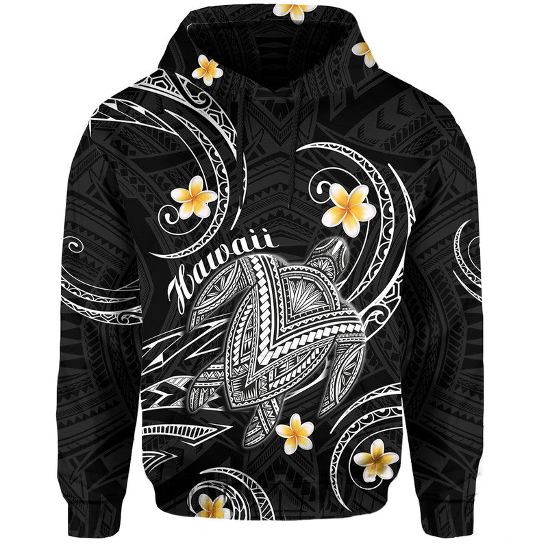 Hawaii Hoodie Hawaiian Turtle Plumeria Mixed Polynesian Black Style - Wonder Print Shop