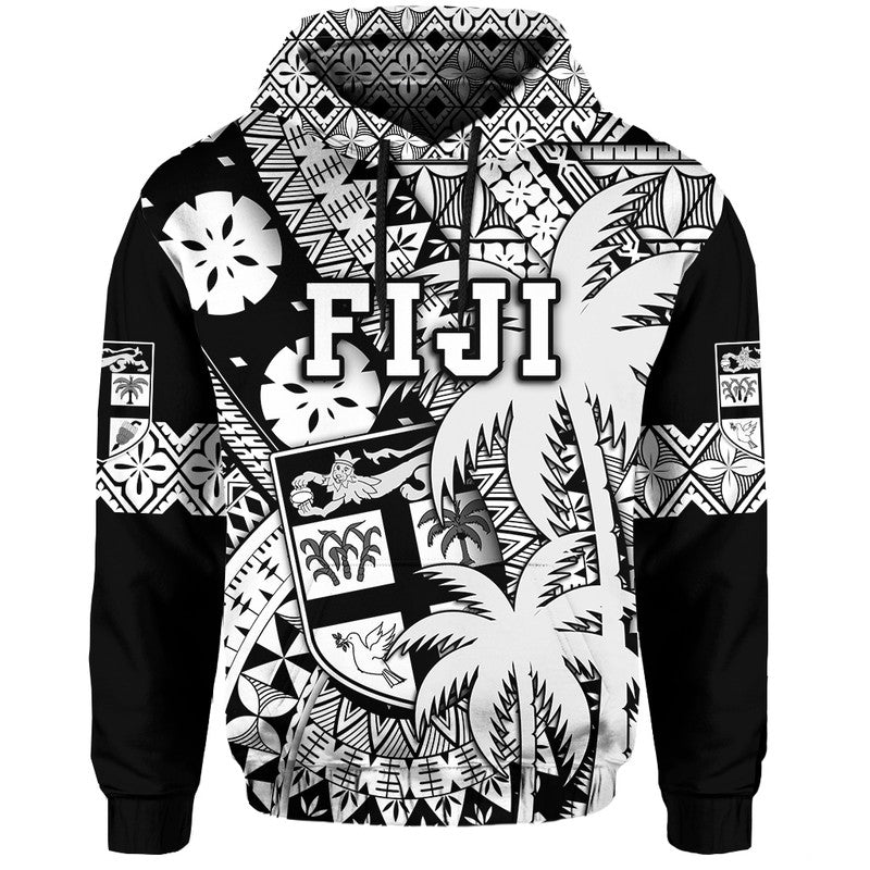 Fiji Hoodie Coat Of Arms Masi Tapa Mixed Palm Tree No1 Black Version - Wonder Print Shop