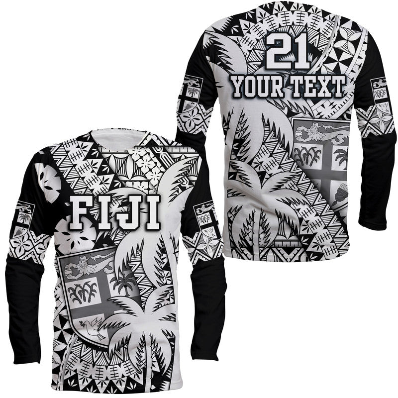 Custom Personalised Fiji Coat Of Arms Long Sleeve Shirt Masi Tapa Mixed Palm Tree No1 Black Version - Wonder Print Shop